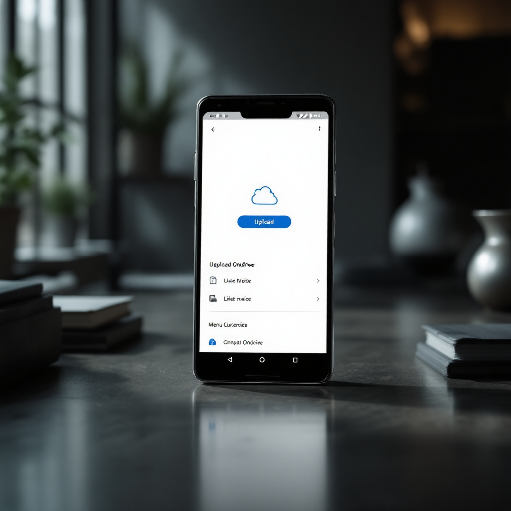 microsoft onedrive app interface showing upload button and menu